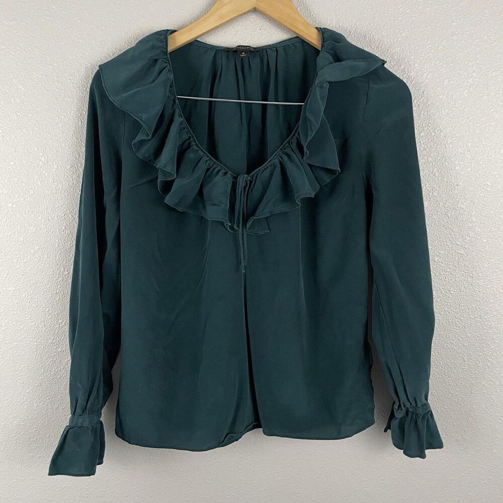 J Crew Womens S 100% Silk Green Ruffle Neck Long Poet Sleeve